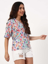 White Shirt with Multicolor Skull Print & Half Sleeves