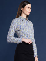 White & Blue Micro Floral Print Shirt