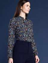 Navy Blue Floral Printed Shirt