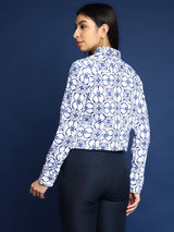 White & Navy Blue Geometric Print Shirt