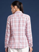 White & Pink Checked Casual Shirt