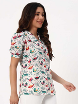 White Shirt with Multicolor Bird Print & Short Puff Sleeves