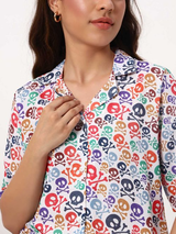 White Shirt with Multicolor Skull Print & Half Sleeves