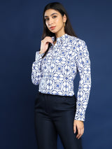White & Navy Blue Geometric Print Shirt