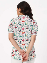 White Shirt with Multicolor Bird Print & Short Puff Sleeves