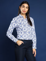 White & Navy Blue Geometric Print Shirt