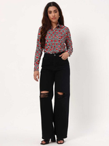 Black & White Striped Shirt with Red Heart Print