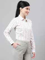 White & Peach Striped Formal Shirt