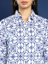 White & Navy Blue Geometric Print Shirt