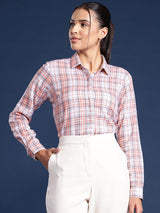 White & Pink Checked Casual Shirt