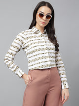 White & Beige Floral Striped Shirt
