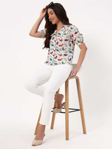 White Shirt with Multicolor Bird Print & Short Puff Sleeves