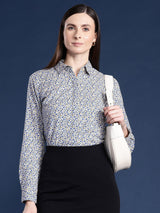 White & Blue Micro Floral Print Shirt