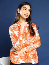 White & Orange Floral Print Shirt