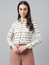 White & Beige Floral Striped Shirt