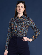 Navy Blue Floral Printed Shirt