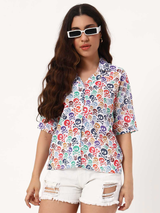 White Shirt with Multicolor Skull Print & Half Sleeves