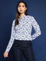 White & Navy Blue Geometric Print Shirt