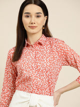 Coral Red & White Floral Printed Shirt