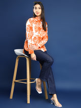 White & Orange Floral Print Shirt