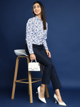 White & Navy Blue Geometric Print Shirt