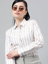 White & Peach Striped Formal Shirt