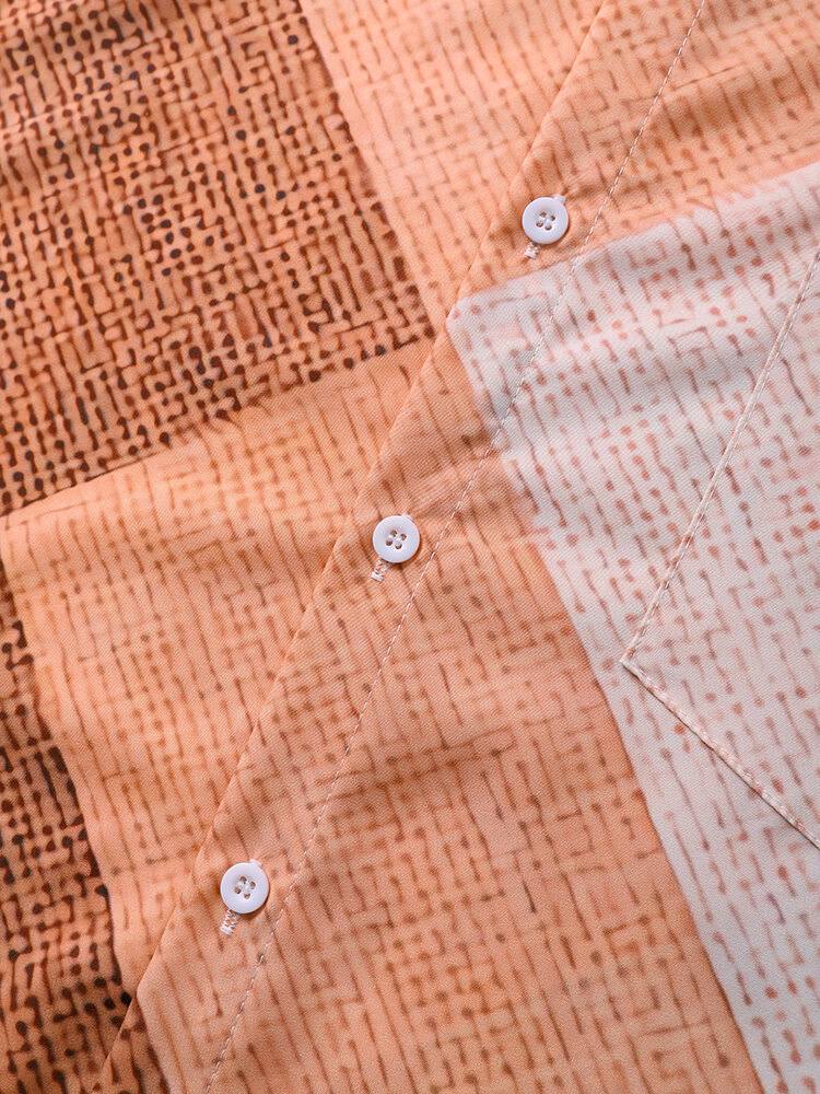 Men Argyle Contrast Color Lapel Front Button Short Sleeve Casual Shirts