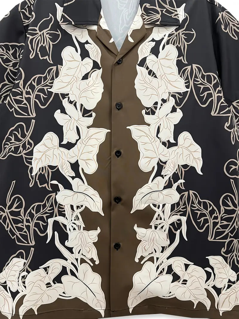 Men's Lapel Collar Button-Up Floral Print Shirt