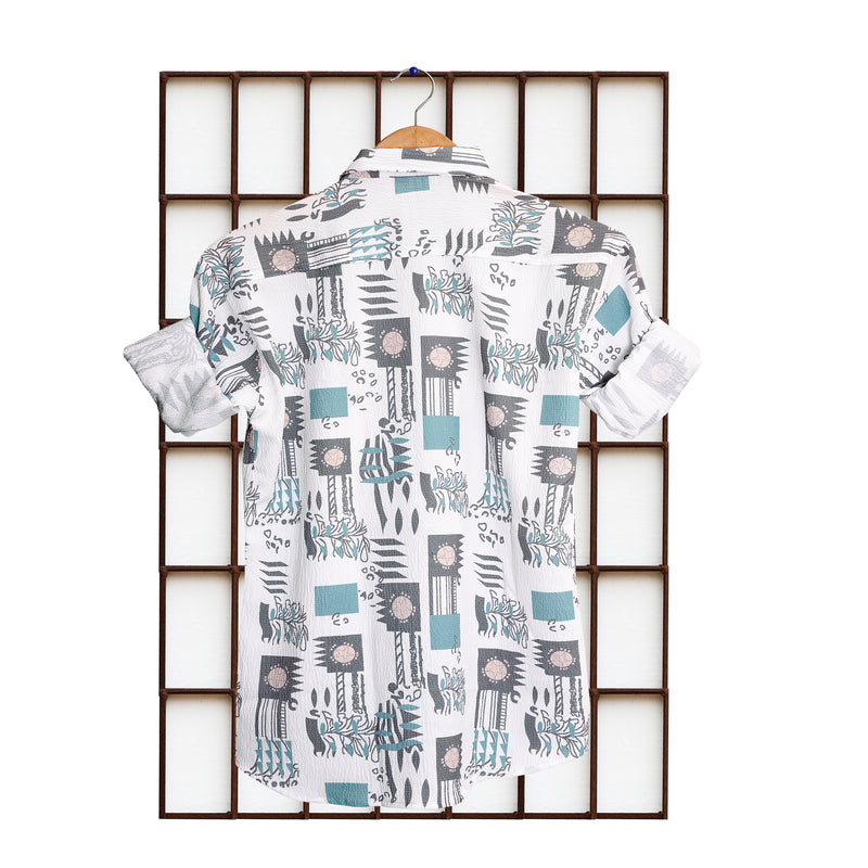 White Popcorn Textured Printed Full Sleeve Shirt