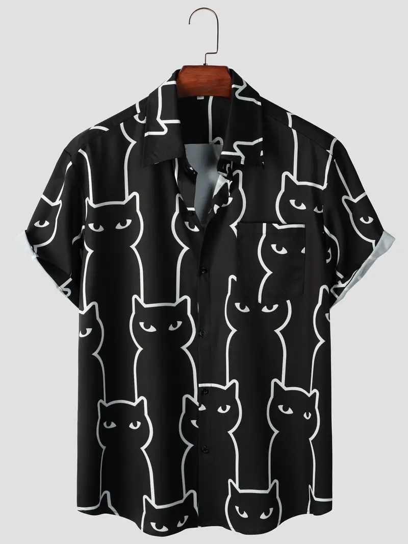 Black Cat Print Short Sleeve Shirt