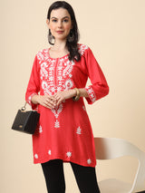 Red Embroidered Cotton Straight Kurti