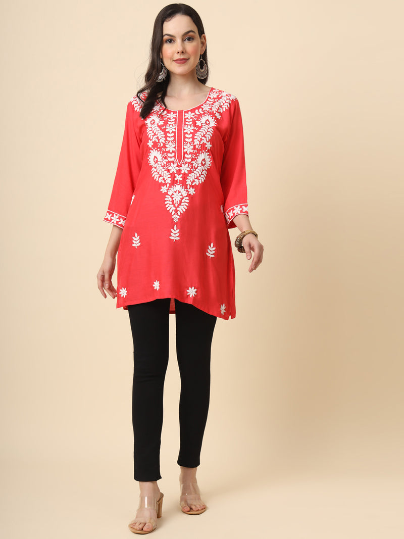 Red Embroidered Cotton Straight Kurti