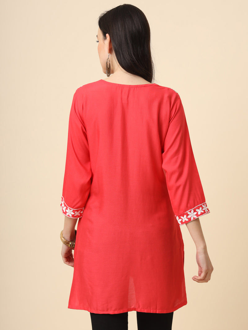 Red Embroidered Cotton Straight Kurti