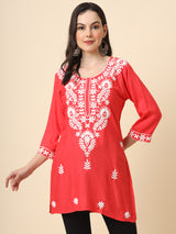 Red Embroidered Cotton Straight Kurti