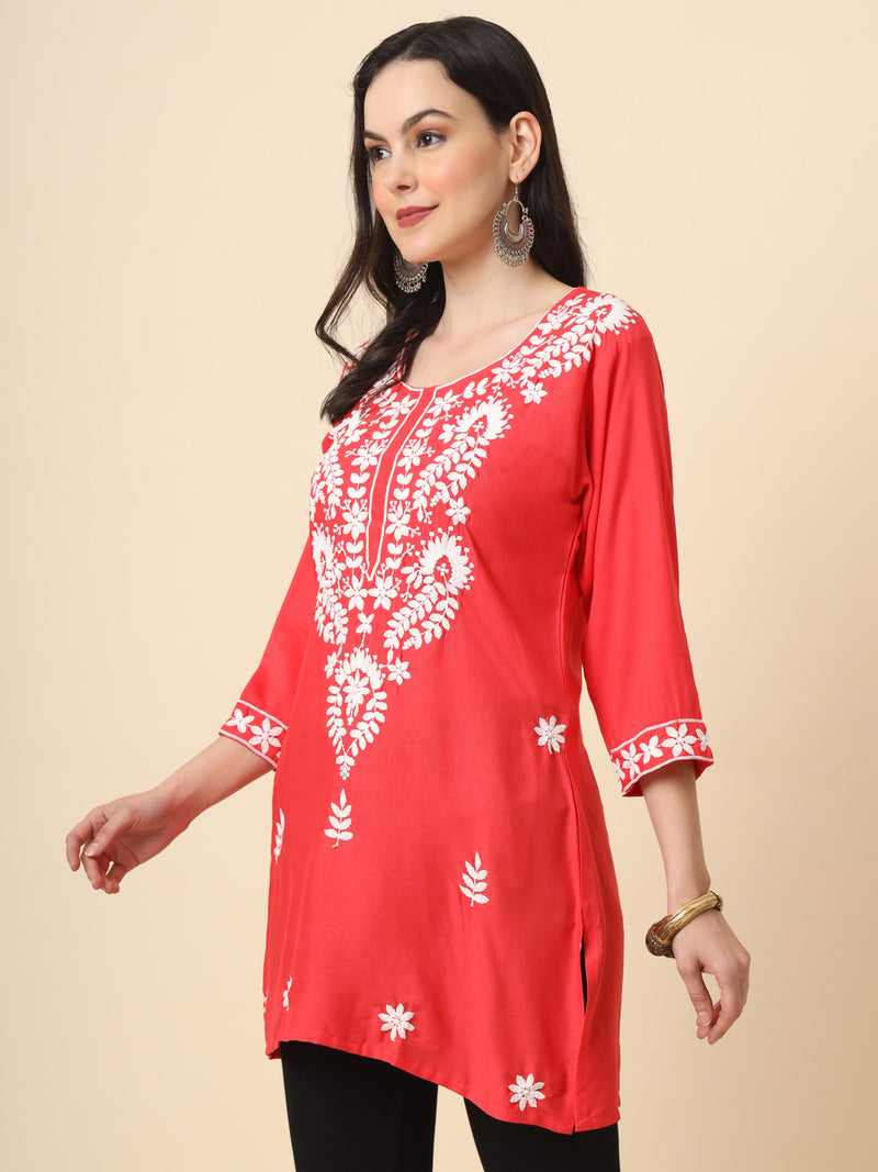 Red Embroidered Cotton Straight Kurti