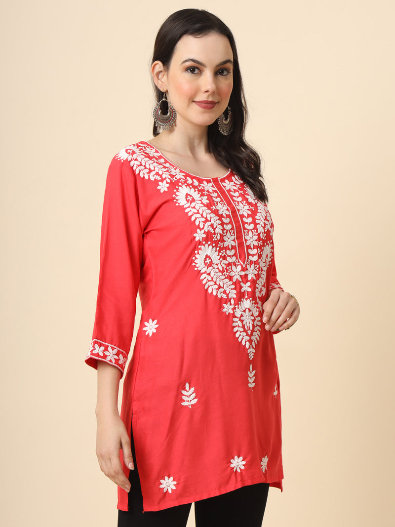 Red Embroidered Cotton Straight Kurti