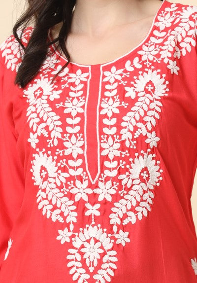 Red Embroidered Cotton Straight Kurti