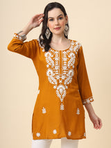 Mustard Embroidered Cotton Straight Kurti