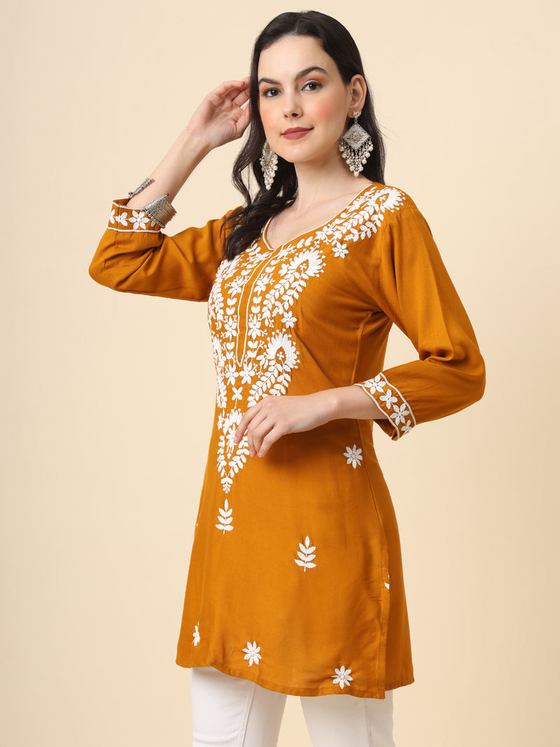 Mustard Embroidered Cotton Straight Kurti