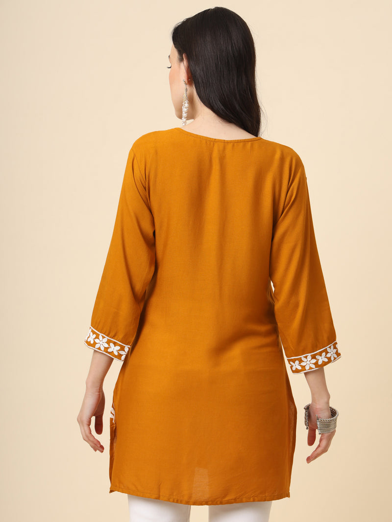 Mustard Embroidered Cotton Straight Kurti