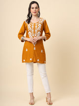 Mustard Embroidered Cotton Straight Kurti