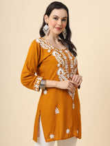 Mustard Embroidered Cotton Straight Kurti