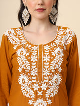 Mustard Embroidered Cotton Straight Kurti