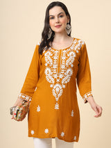 Mustard Embroidered Cotton Straight Kurti