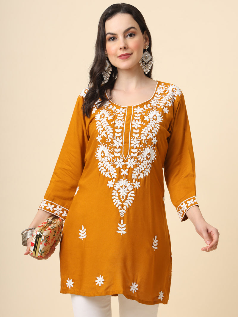 Mustard Embroidered Cotton Straight Kurti