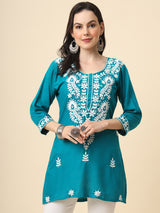 Blue Embroidered Cotton Straight Kurti