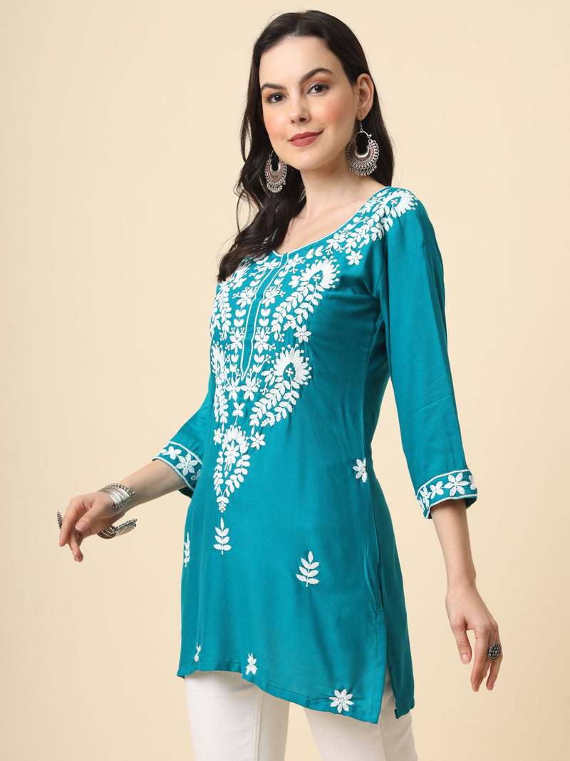 Blue Embroidered Cotton Straight Kurti