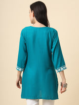 Blue Embroidered Cotton Straight Kurti