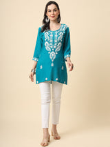 Blue Embroidered Cotton Straight Kurti