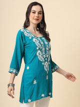 Blue Embroidered Cotton Straight Kurti